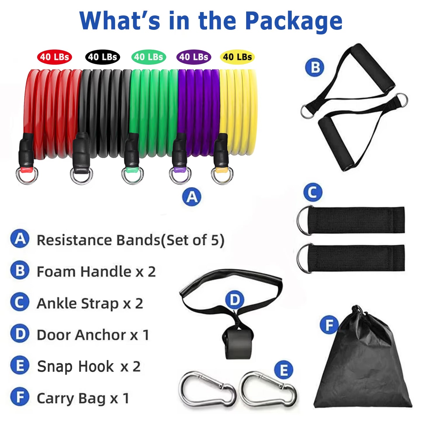 Resistance Bands Set with Handles Door Anchor Ankle Straps for Home Workout Strength Training Yoga Pilates Exercise Bands Set