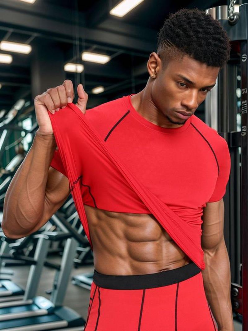 Men'S round Neck Compression Sports Tee, Quick Drying Breathable Crew Neck Short Sleeve T-Shirt for Running Gym Workout, Casual Sports Clothing for All Seasons, Sporty round Neck Activewear, Sportswear, Fitness Running Tops, Gymswear