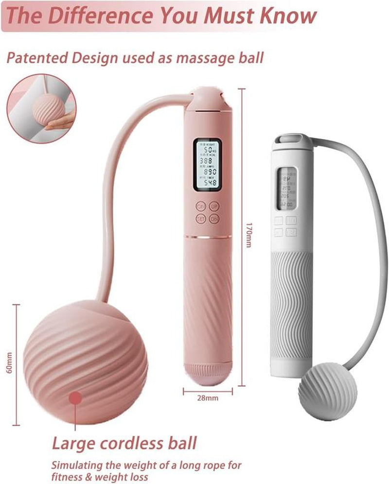 Cordless Jump Rope with Counter Ropeless Jump Rope 2 in 1 with Large Cordless Ball-Weighted Jump Rope for Women with LCD Display\Adjustable Speed Jump Rope for Men,Women & Children\Alarm Reminder for Fitness,Crossfit,Exercise,Workout, Boxing,Gym